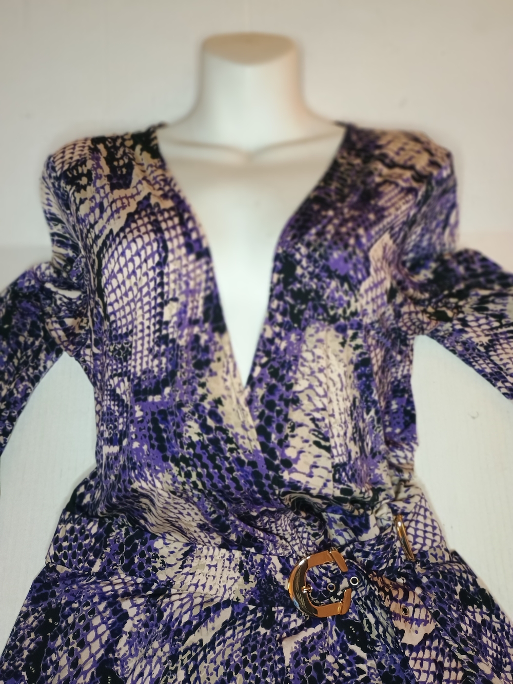 Cache Vintage Purple Snake-Print Drop Waist Wrap Dress with Gold Buckles Medium